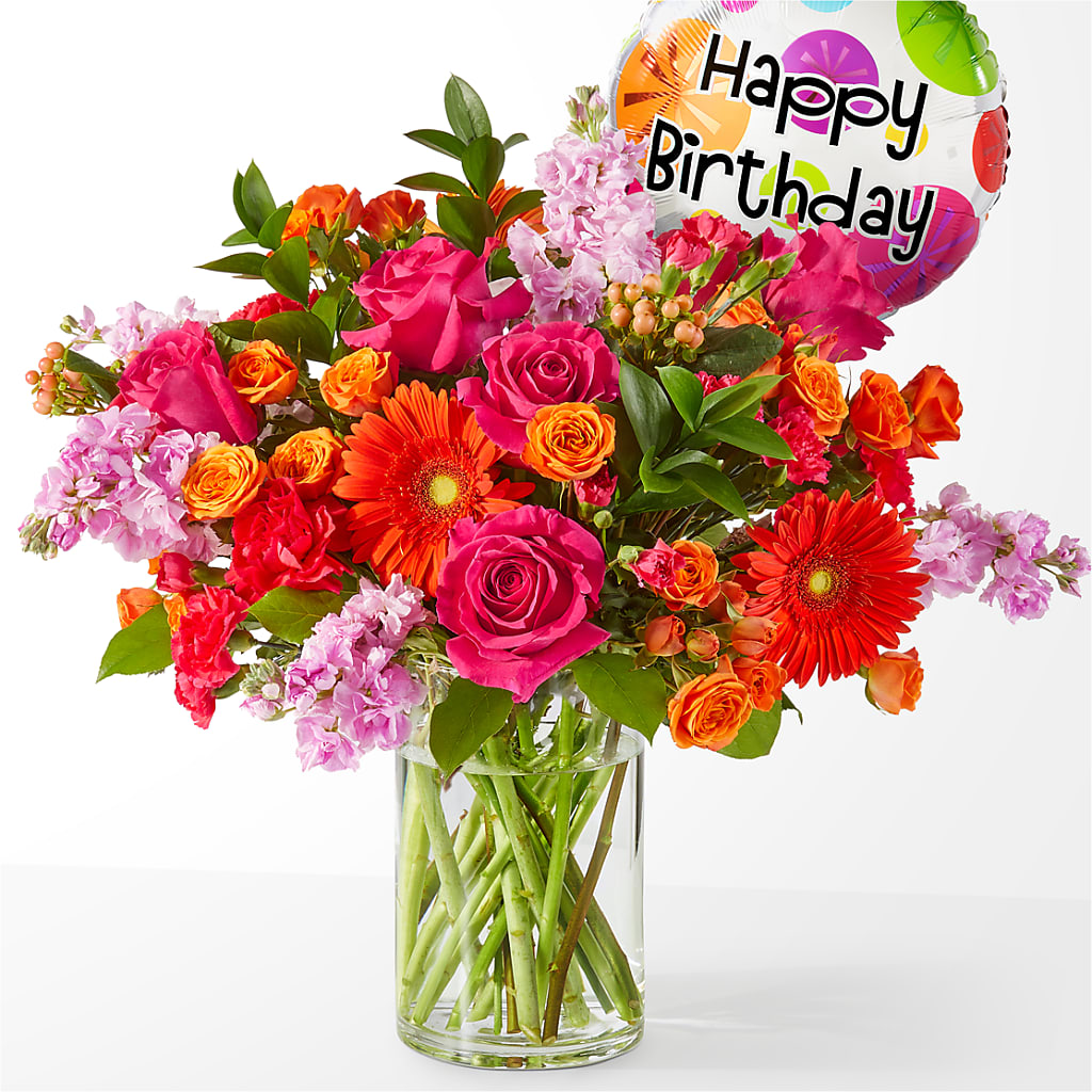 Fiesta Bouquet with Birthday Balloon – A La Rose, Rock Hill SC