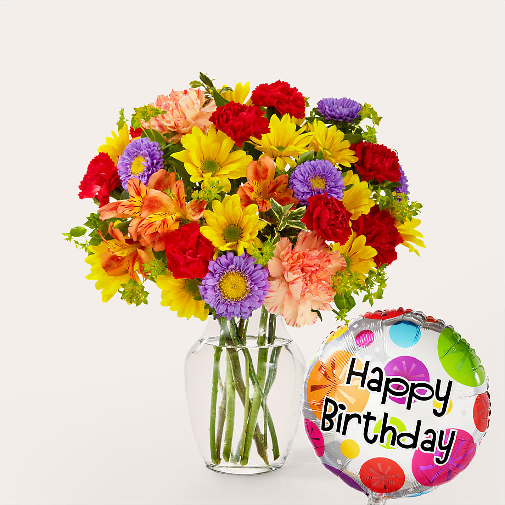 Kaleidoscope Bouquet with Birthday Balloon – A La Rose, Rock Hill SC