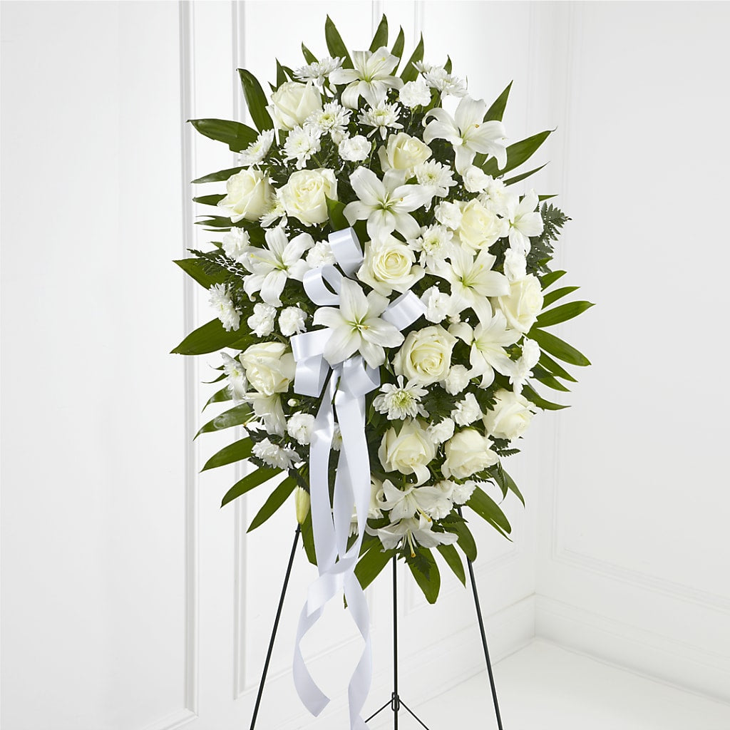 Exquisite Tribute Standing Spray-White Ribbon – A La Rose, Rock Hill SC