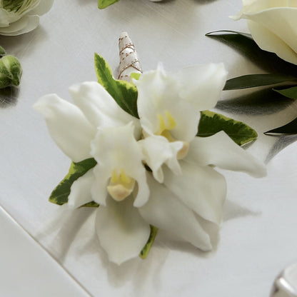 White Mini Cymbidium Boutonniere –  A La Rose, Rock Hill SC